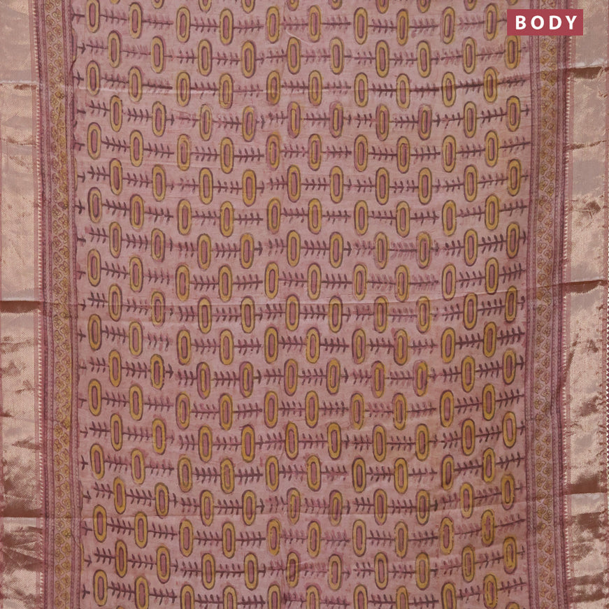 Chanderi silk cotton saree pastel shade with natural vegetable prints and zari woven gotapatti lace border