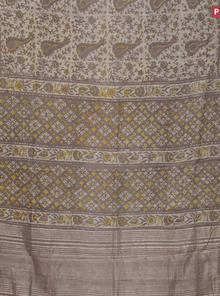 Chanderi silk cotton saree beige grey with natural vegetable prints and zari woven gotapatti lace border