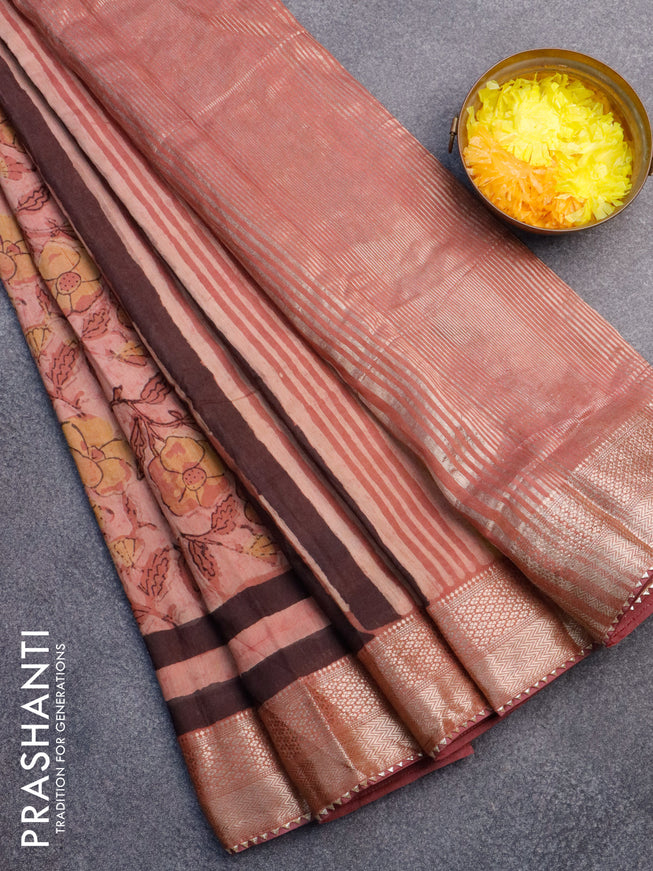 Chanderi silk cotton saree pastel peach shade and mauve pink with natural vegetable prints and zari woven gotapatti lace border