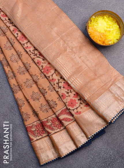 Chanderi silk cotton saree pastel peach and peacock blue with natural vegetable butta prints and zari woven gotapatti lace border