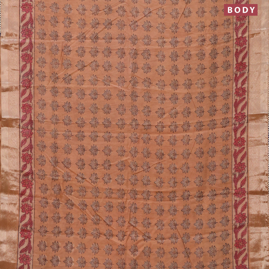 Chanderi silk cotton saree pastel peach and peacock blue with natural vegetable butta prints and zari woven gotapatti lace border