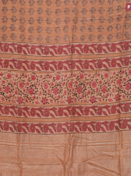 Chanderi silk cotton saree pastel peach and peacock blue with natural vegetable butta prints and zari woven gotapatti lace border