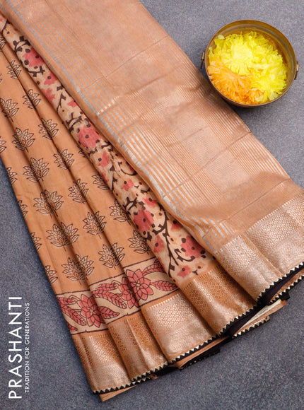 Chanderi silk cotton saree pale orange and black with natural vegetable butta prints and zari woven gotapatti lace border