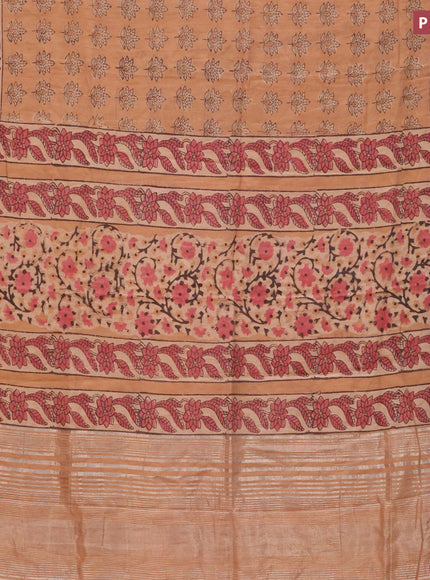 Chanderi silk cotton saree pale orange and black with natural vegetable butta prints and zari woven gotapatti lace border