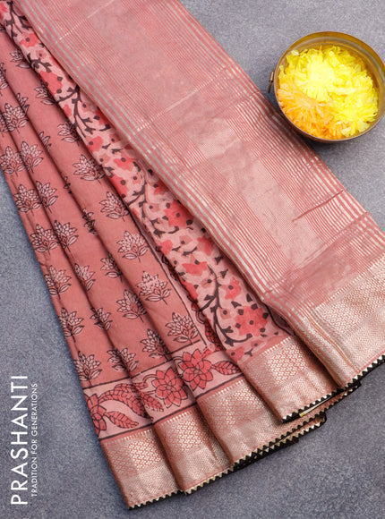 Chanderi silk cotton saree pastel maroon and black with natural vegetable butta prints and zari woven gotapatti lace border