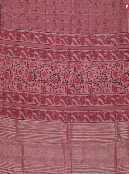 Chanderi silk cotton saree pastel maroon and black with natural vegetable butta prints and zari woven gotapatti lace border