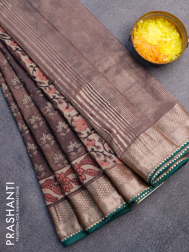Chanderi silk cotton saree pastel brown shade and green with natural vegetable butta prints and zari woven gotapatti lace border