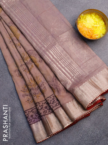 Chanderi silk cotton saree pastel brown shade and maroon with natural vegetable butta prints and zari woven gotapatti lace border