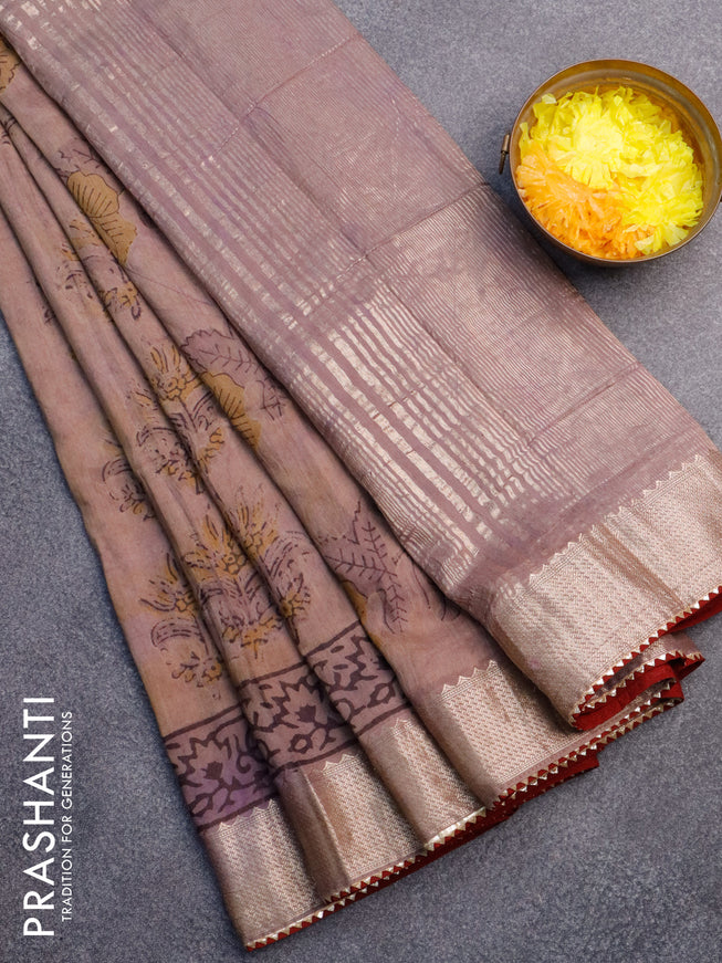 Chanderi silk cotton saree pastel brown shade and maroon with natural vegetable butta prints and zari woven gotapatti lace border