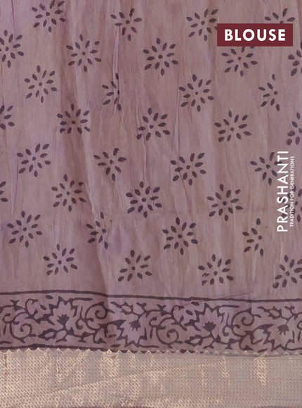 Chanderi silk cotton saree pastel brown shade and maroon with natural vegetable butta prints and zari woven gotapatti lace border