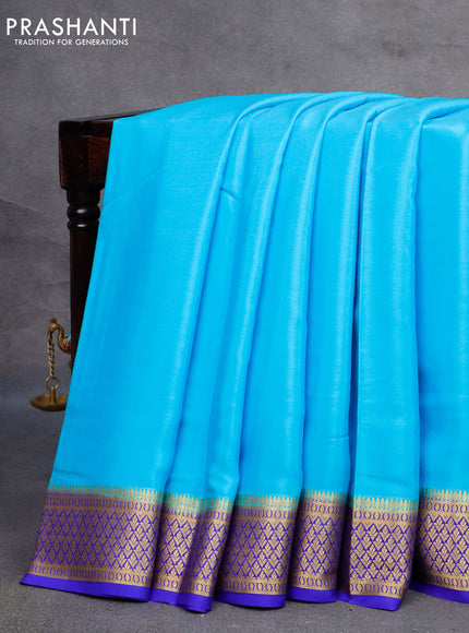 Pure mysore silk saree light blue and blue with plain body and long rettapet zari woven border