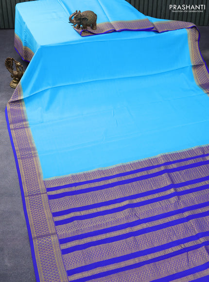 Pure mysore silk saree light blue and blue with plain body and long rettapet zari woven border