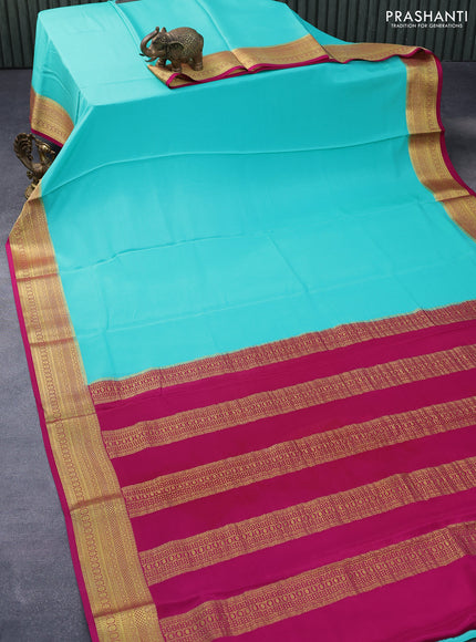 Pure mysore silk saree teal blue shade and pink with plain body and zari woven border