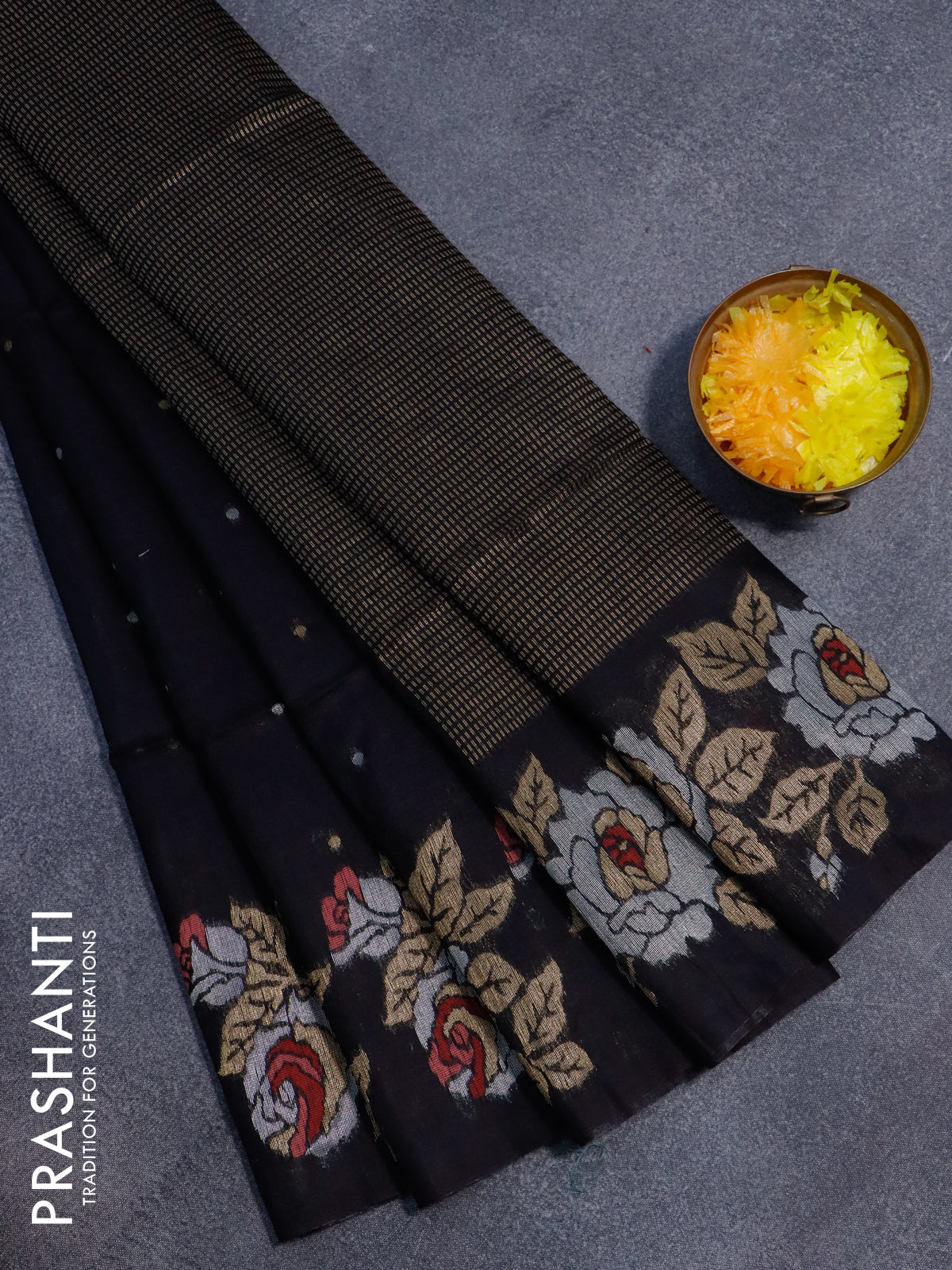 Semi Dupion Saree Black With Silver & Gold Zari Woven Buttas And Flora 