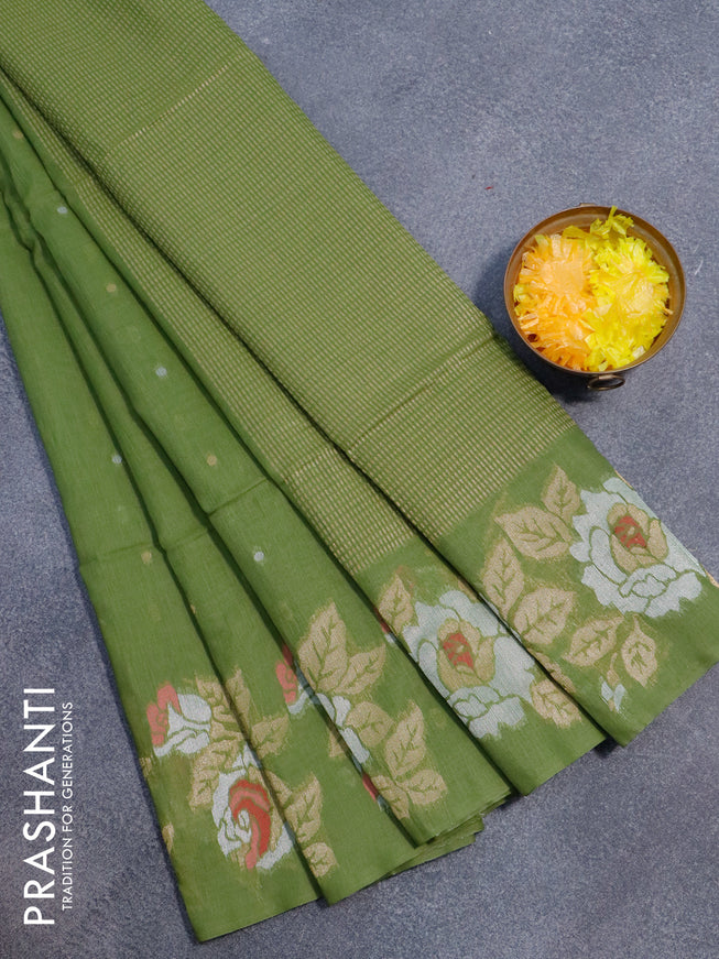 Semi dupion saree green shade with silver & gold zari woven buttas and floral design zari woven border