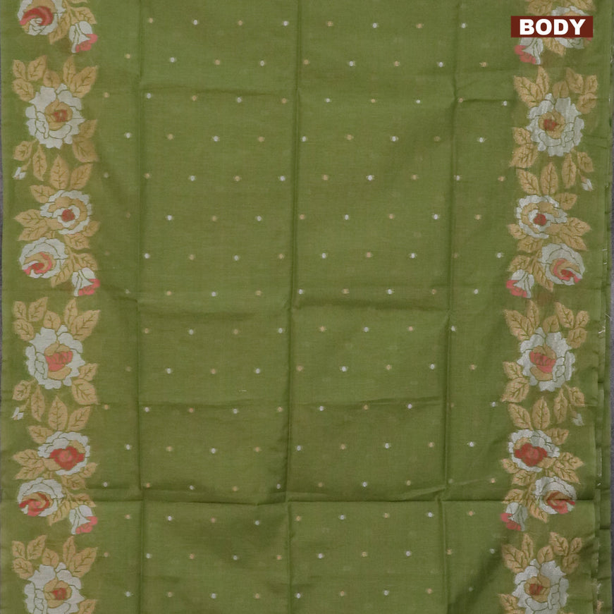 Semi dupion saree green shade with silver & gold zari woven buttas and floral design zari woven border