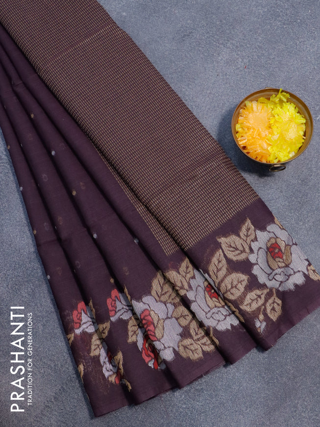 Semi dupion saree deep wine shade with silver & gold zari woven buttas and floral design zari woven border