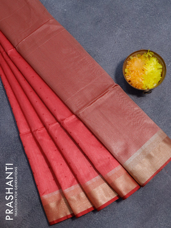 Semi dupion saree pink shade and maroon with thread woven buttas and zari woven border