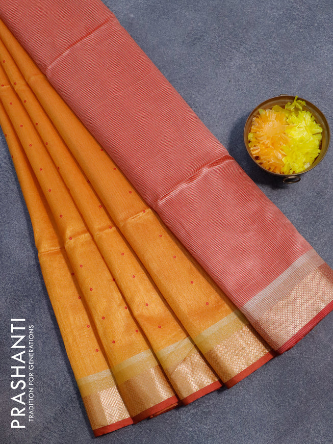 Semi dupion saree mustard yellow and red with thread woven buttas and zari woven border