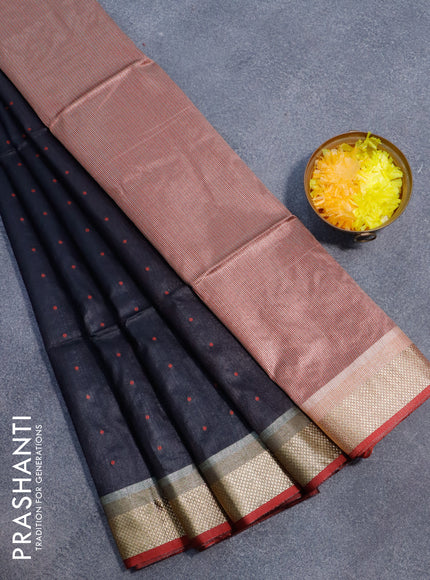 Semi dupion saree black and maroon with thread woven buttas and zari woven border