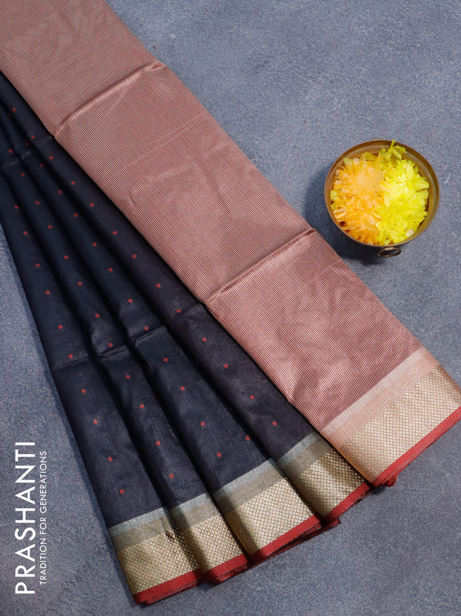 Semi dupion saree black and maroon with thread woven buttas and zari woven border