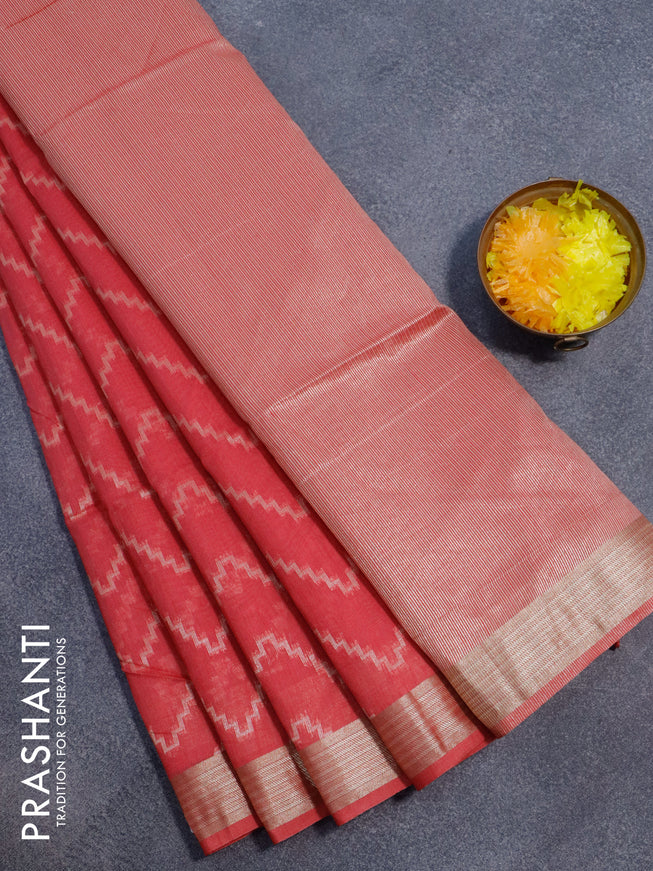 Semi dupion saree pink shade with allover zig zag weaves and zari woven border