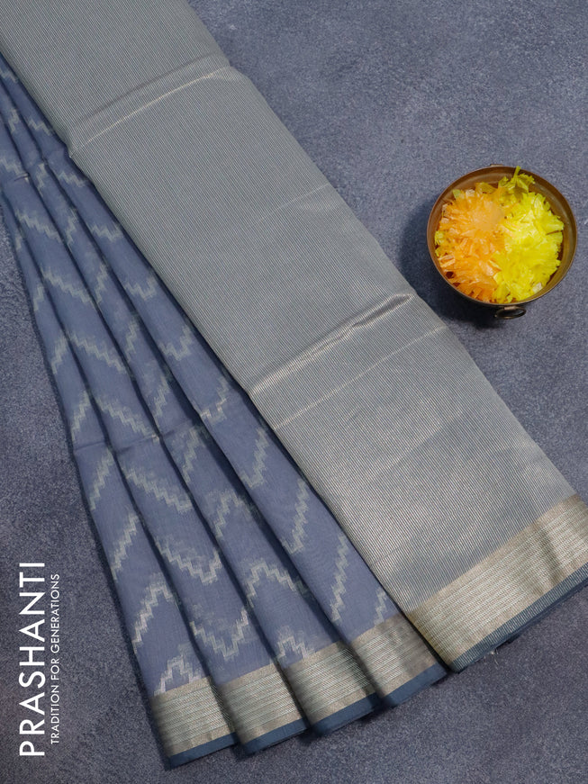 Semi dupion saree grey with allover zig zag weaves and zari woven border