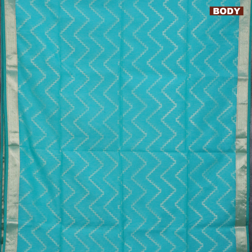 Semi dupion saree teal blue with allover zig zag weaves and zari woven border