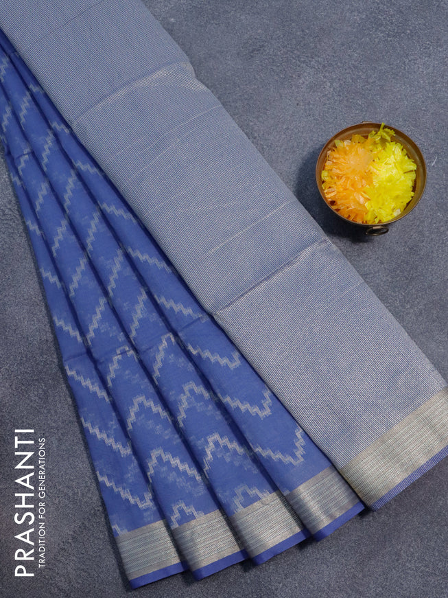 Semi dupion saree blue shade with allover zig zag weaves and zari woven border