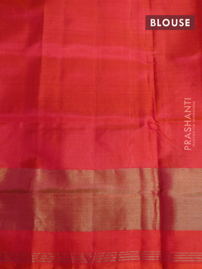 Rajkot patola silk saree green and dual shade of pinkish orange with allover ikat weaves & zari buttas and ikat woven zari border