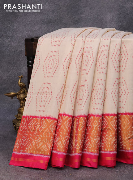 Rajkot patola silk saree off white and pink with allover ikat weaves and ikat woven zari border