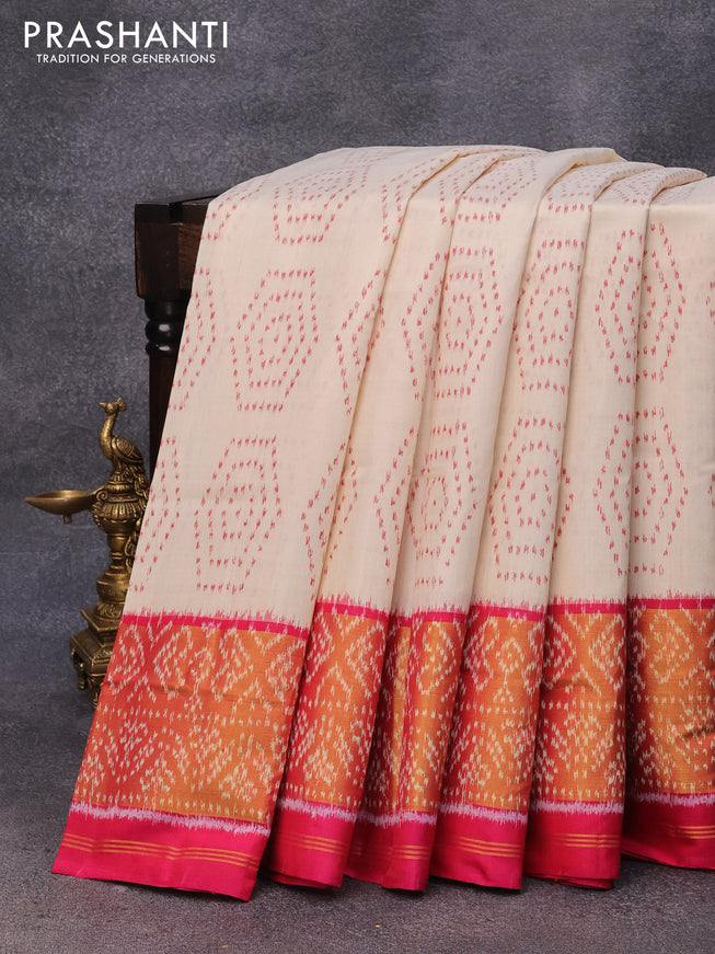 Rajkot patola silk saree off white and pink with allover ikat weaves and ikat woven zari border