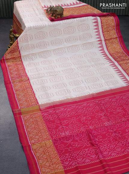 Rajkot patola silk saree off white and pink with allover ikat weaves and ikat woven zari border