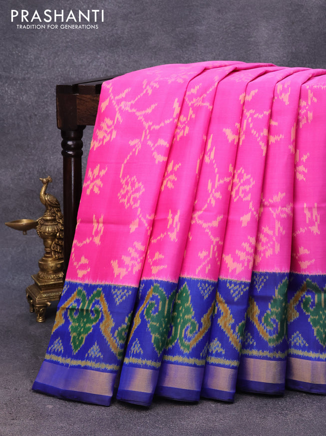 Rajkot patola silk saree light pink and blue with allover ikat weaves and zari woven border