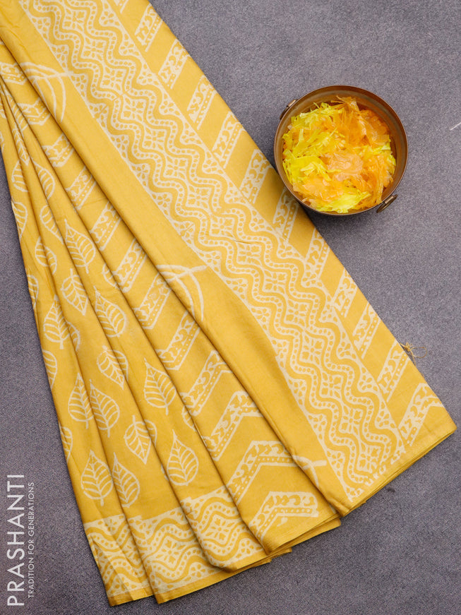 Pashmina silk saree yellow with leaf butta prints and printed border
