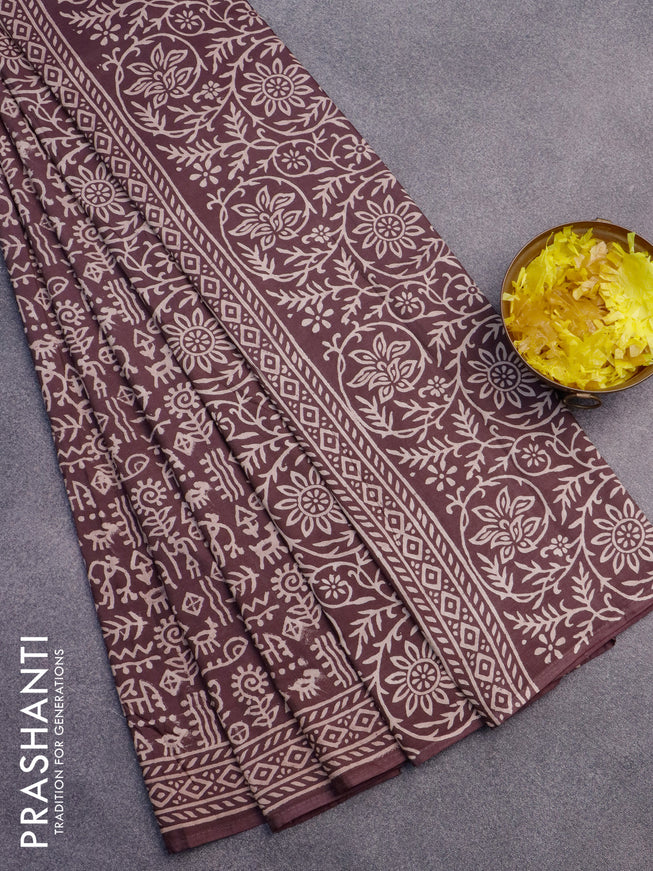 Pashmina silk saree brown with allover warli prints and printed border