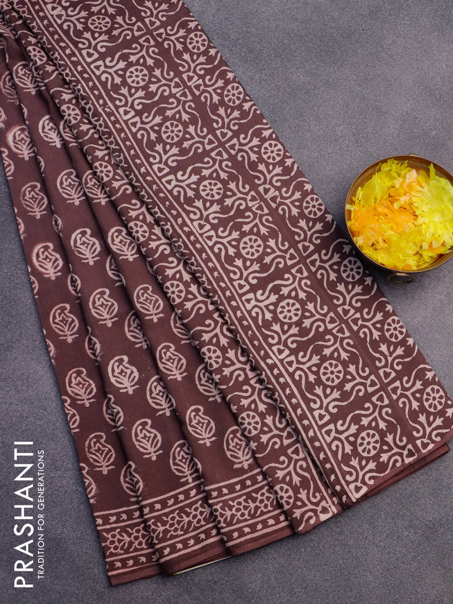 Pashmina silk saree brown with allover butta prints and printed border
