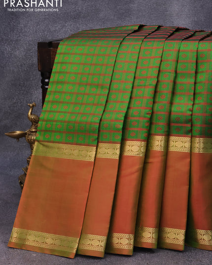 Pure kanjivaram silk saree green and greenish red with allover thread woven checked pattern & buttas and rudhraksha design rettapet zari woven border