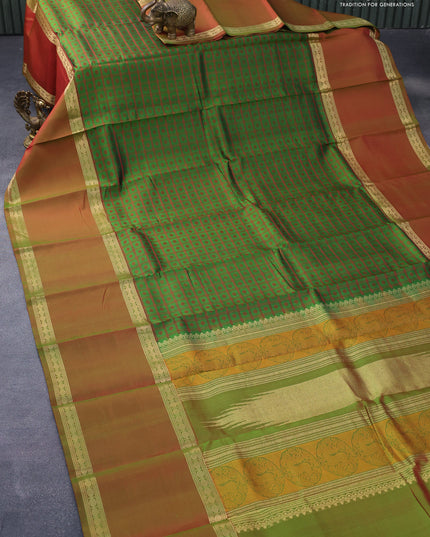 Pure kanjivaram silk saree green and greenish red with allover thread woven checked pattern & buttas and rudhraksha design rettapet zari woven border