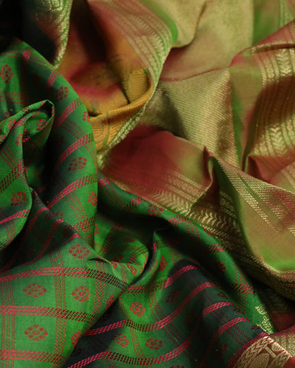 Pure kanjivaram silk saree green and greenish red with allover thread woven checked pattern & buttas and rudhraksha design rettapet zari woven border