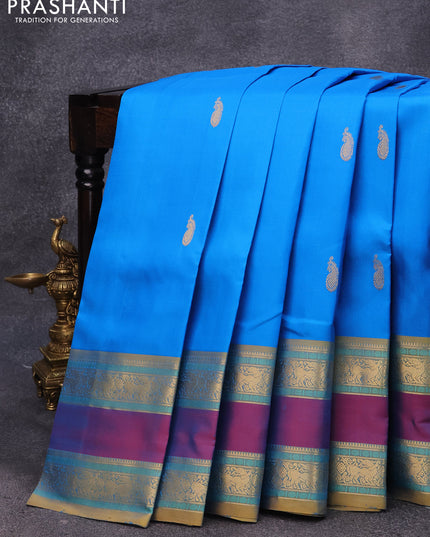 Pure kanjivaram silk saree cs blue and yellow with zari woven paisley buttas and rettapet zari woven border