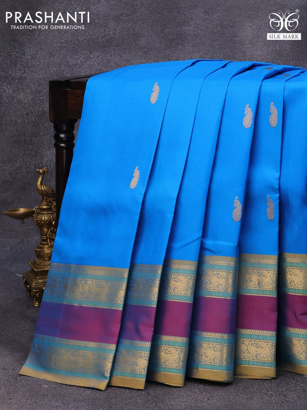 Pure kanjivaram silk saree cs blue and yellow with zari woven paisley buttas and rettapet zari woven border