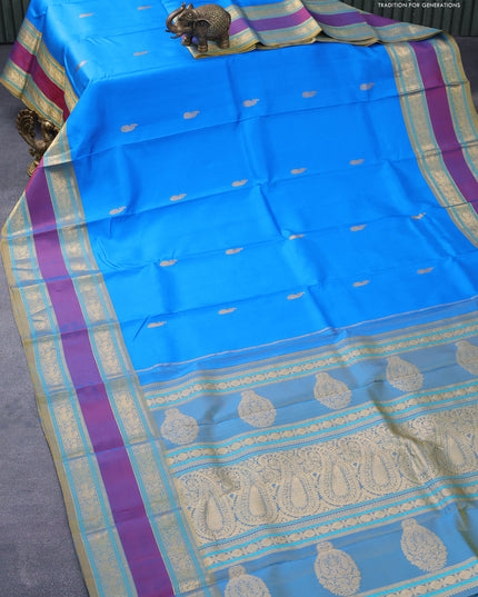 Pure kanjivaram silk saree cs blue and yellow with zari woven paisley buttas and rettapet zari woven border