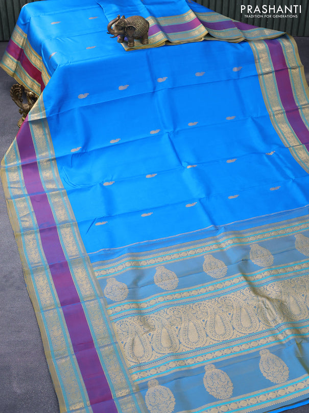 Pure kanjivaram silk saree cs blue and yellow with zari woven paisley buttas and rettapet zari woven border