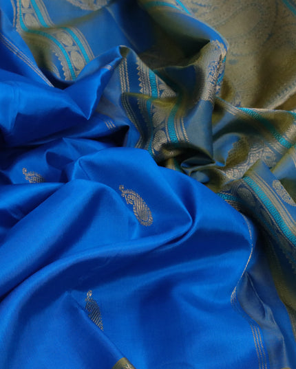 Pure kanjivaram silk saree cs blue and yellow with zari woven paisley buttas and rettapet zari woven border