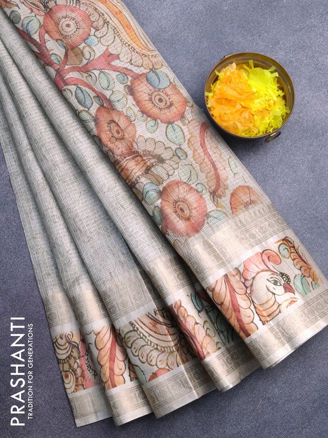 Kota saree beige with allover digital prints and rettapet zari woven border