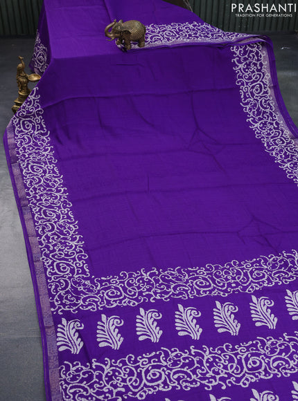 Semi crepe saree violet with allover self emboss and batik printed border