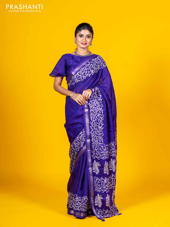 Semi crepe saree violet with allover self emboss and batik printed border