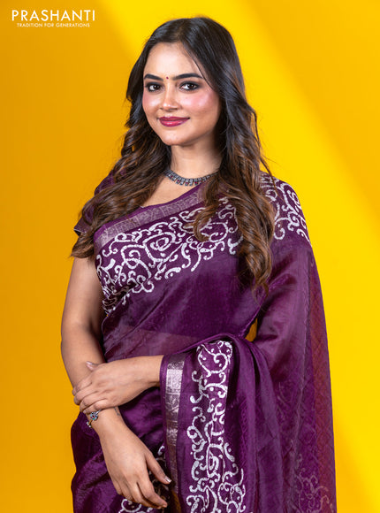 Semi crepe saree wine shade with allover self emboss and batik printed border