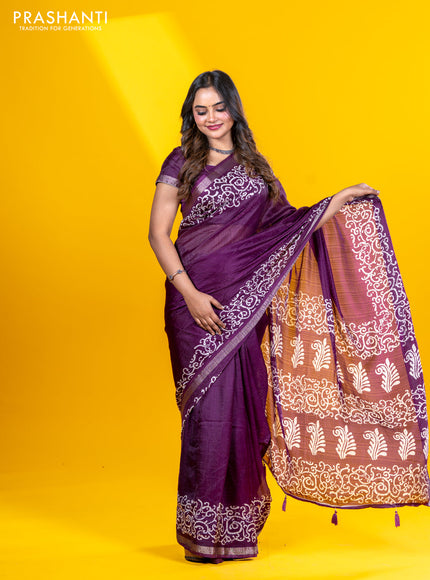 Semi crepe saree wine shade with allover self emboss and batik printed border